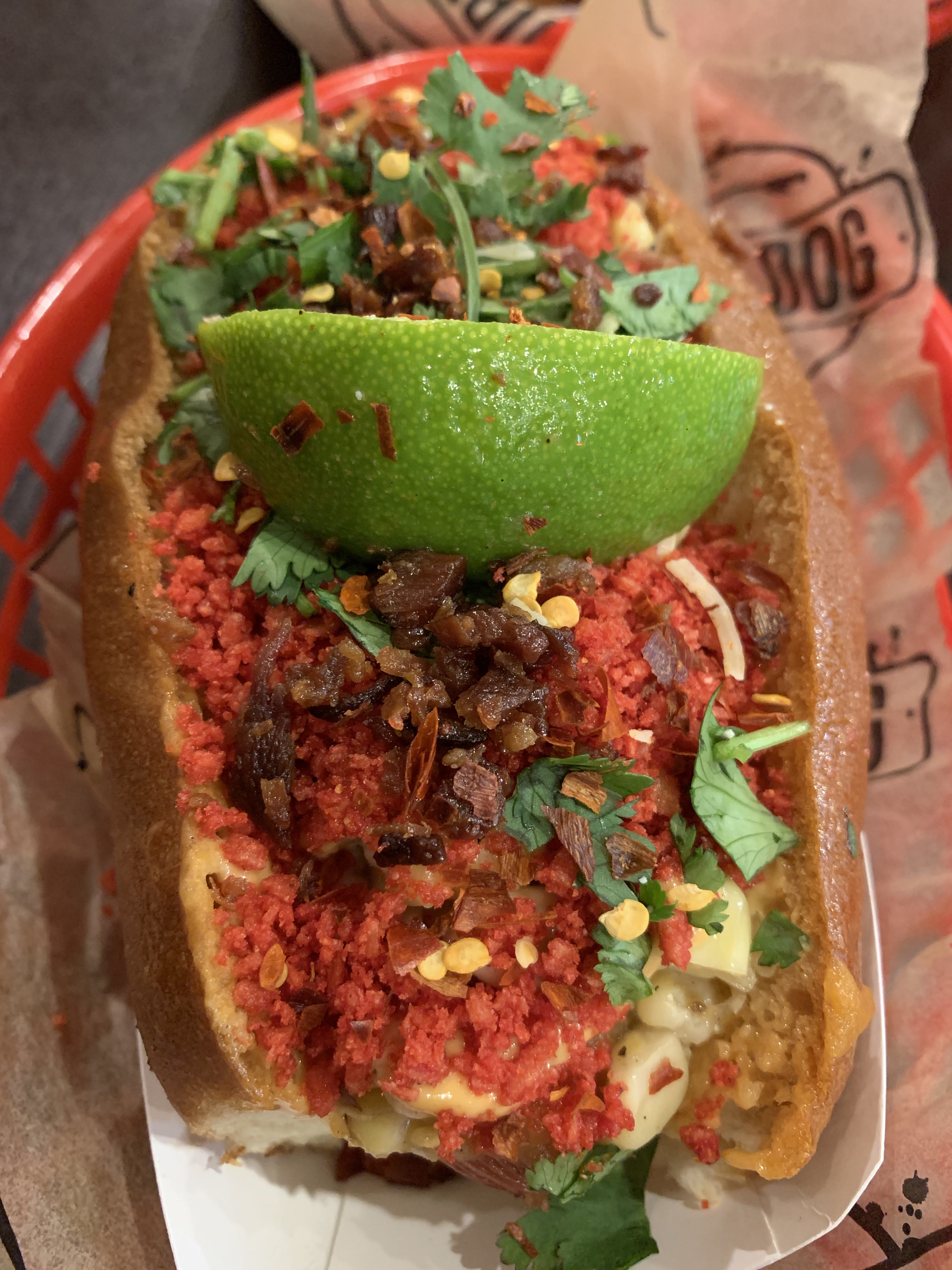 Dirt Dog Flaming Hot Cheetos dog