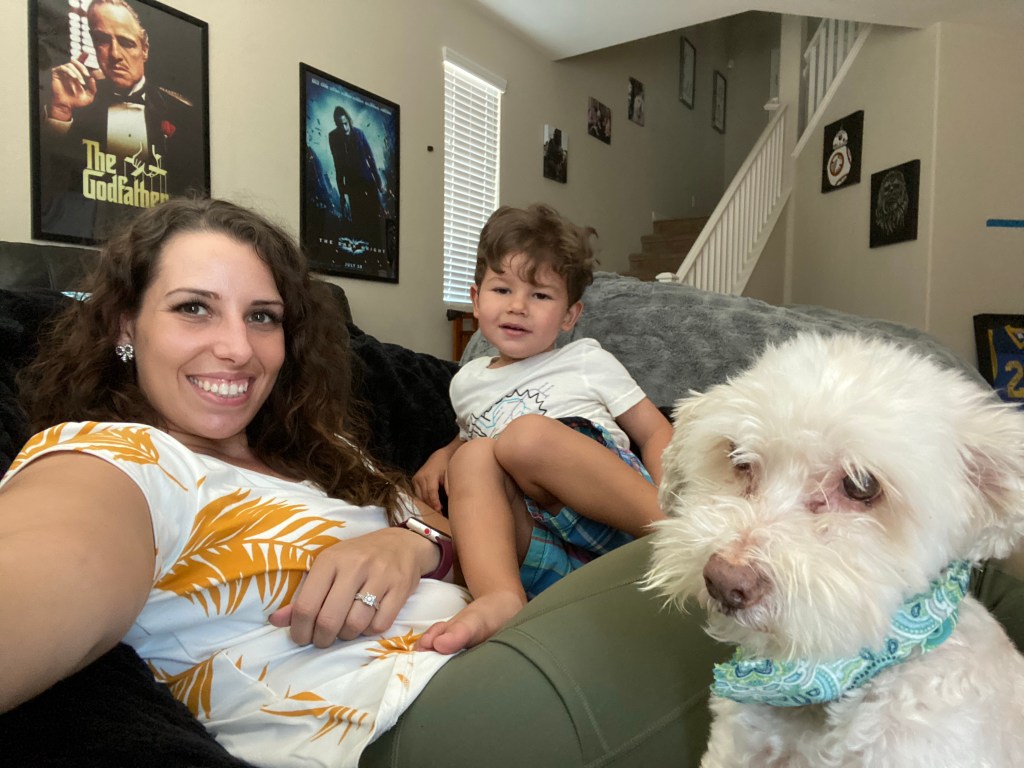 DIY movie room, mom dog and son on chair